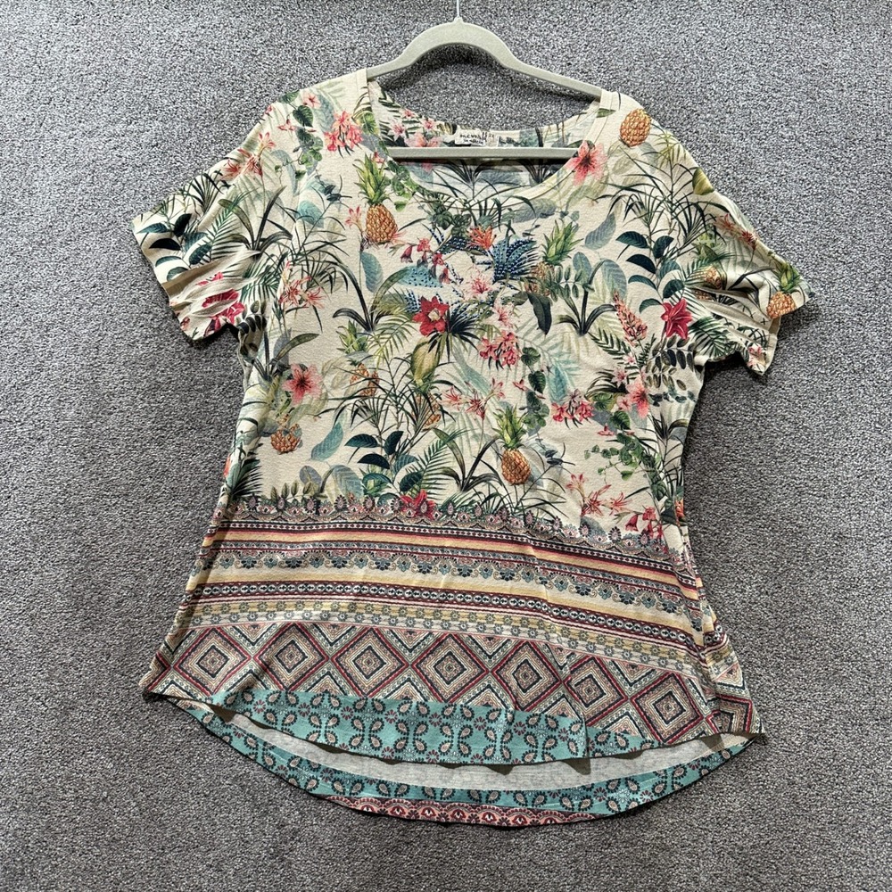 One World T-Shirt Top Blouse Women 2X Tropical Pineapple Floral Boho Embellished
